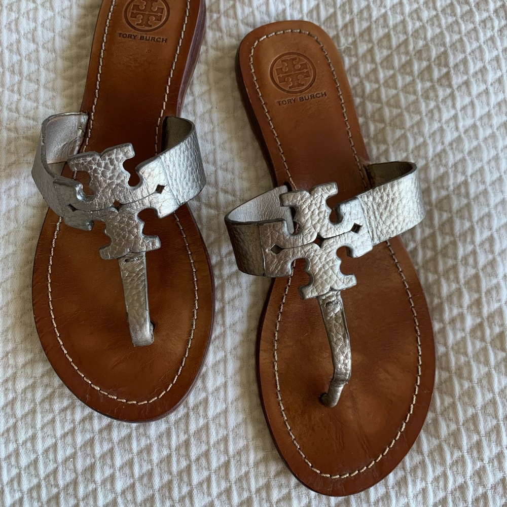 TORY BURCH Logo Miller MOORE Metallic Pewter Sandals Flip Flops 9